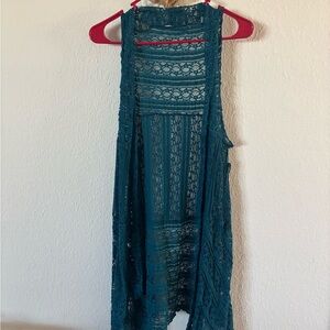 Teal Lace Sleeveless Cardigan